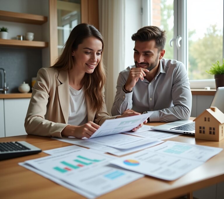 Young couple reviewing paperwork with a laptop at a kitchen table