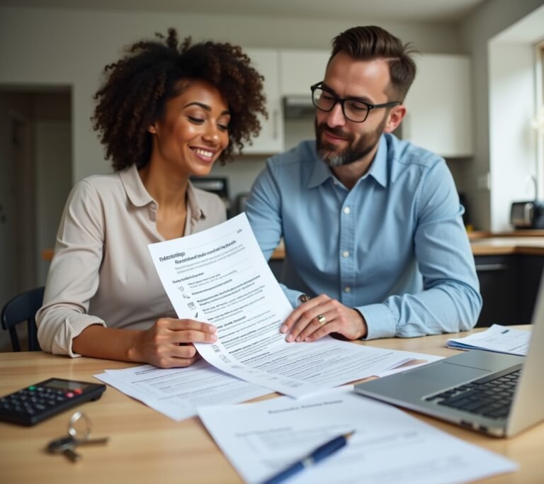 Two people shaking hands over a desk with documents and a laptop