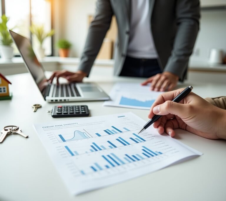 Person reviewing a printed financial chart with a pen in hand
