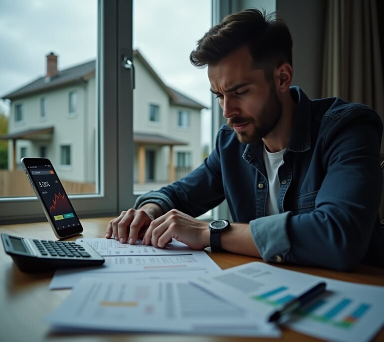 Person signing loan documents at a desk with a laptop open